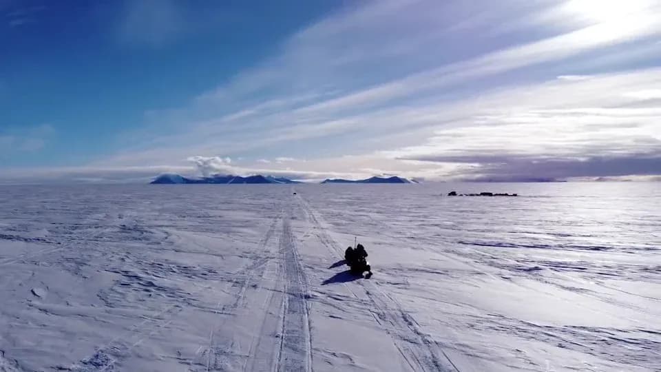 Aerial view of the GLASS fiber deployment on the ice at Constellation Inlet.